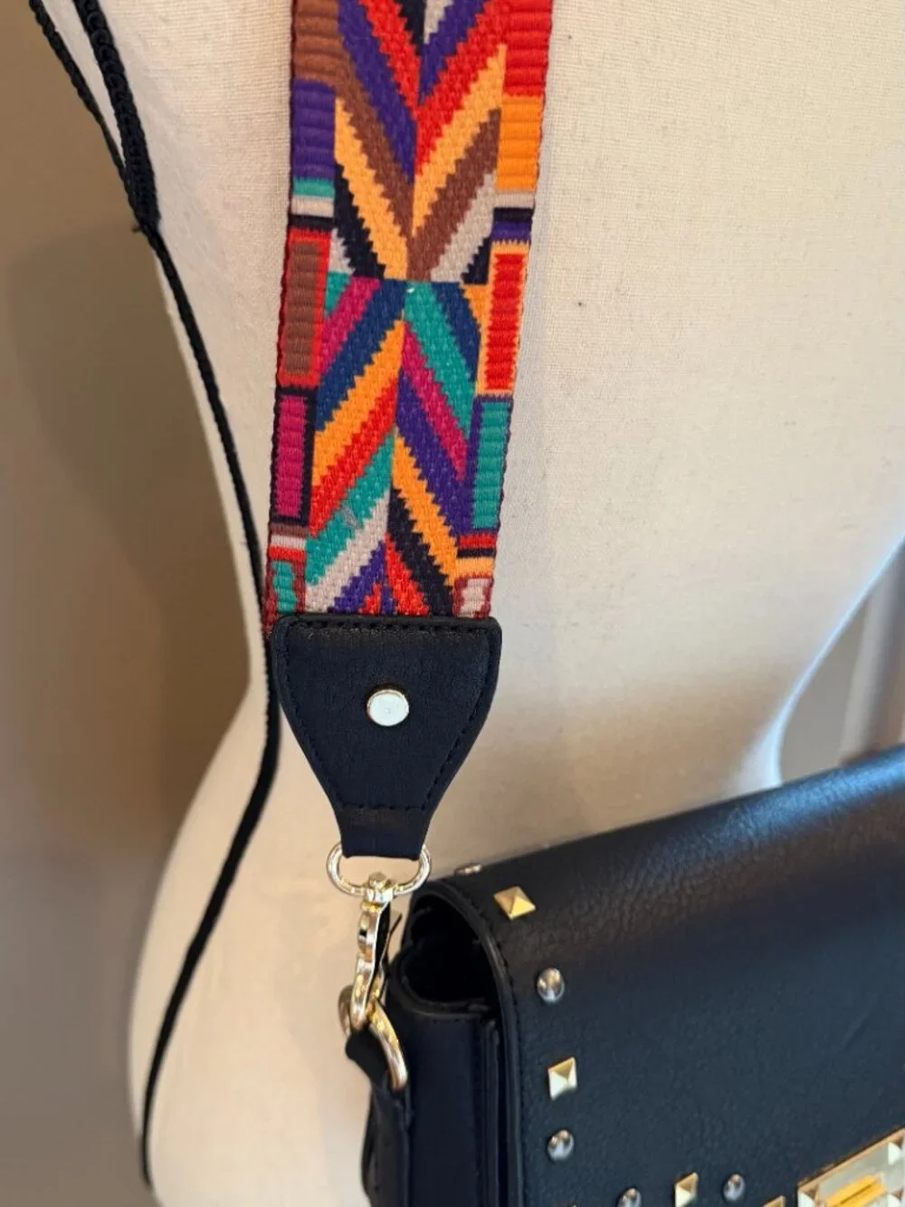Black Leather Studded Boho Bag with Colorful Guitar Style Adjustable Strap